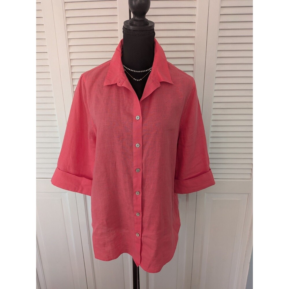 Chicos Shirt Womens 12/2 No Iron Coral Orange 100% Linen Button Front Blouse Top